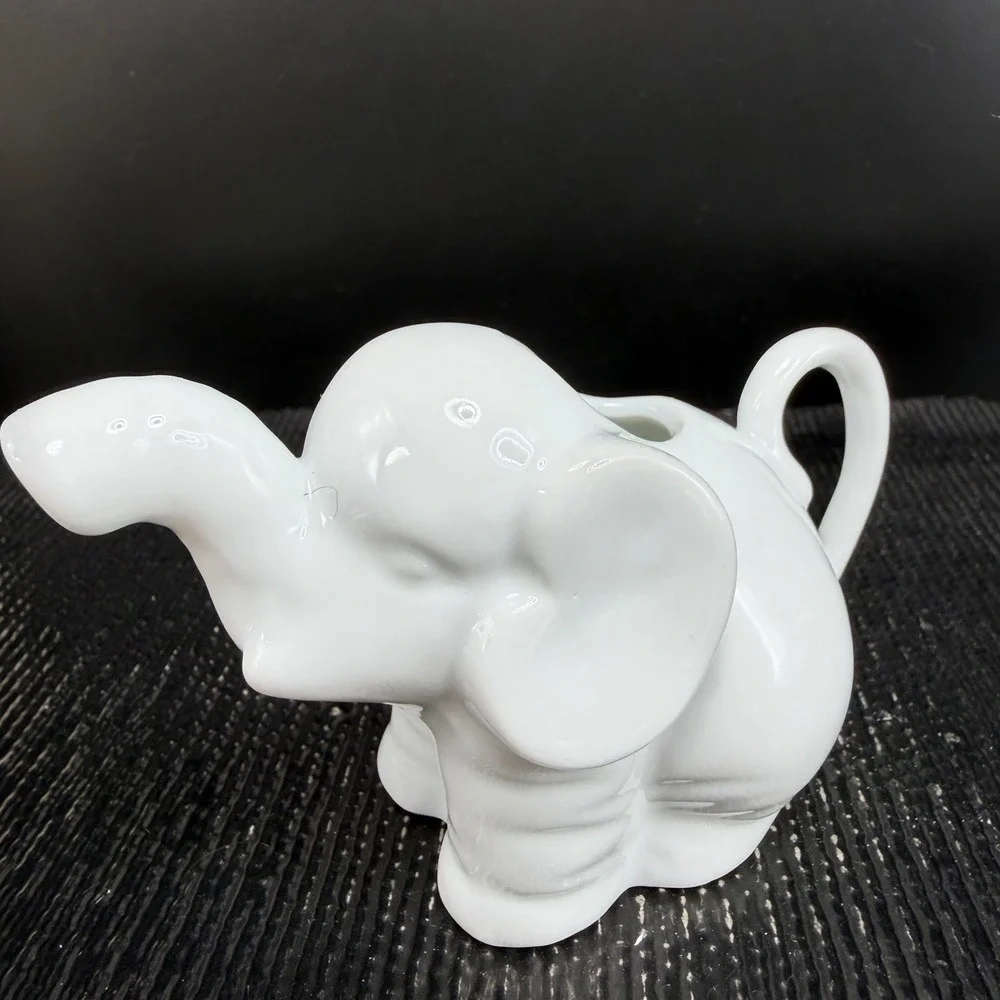 White Porcelain Elephant Creamer Pitcher Glossy Ceramic Animal Coffee Tea Server